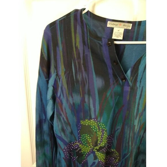 Vintage Suzie Long Sleeve Blue V Neck Artsy Top. Size M - Picture 4 of 10